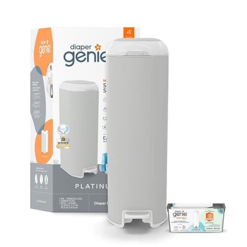 Diaper Genie Platinum Pail (Stone Grey) is Made in Durable Stainless Steel and Includes 1 Easy Roll Refill with 18 Bags That can Last up to 5 Months.
