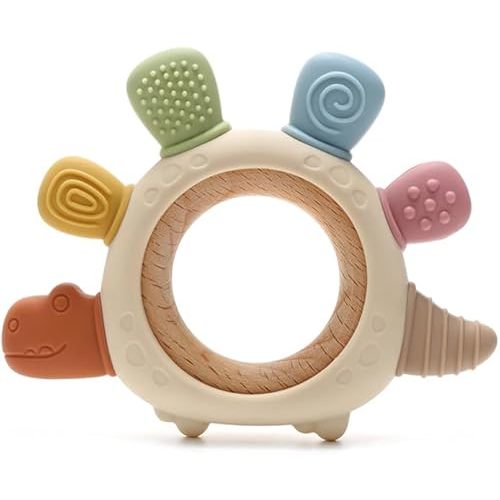 Boobaby Dinosaur Shaped Baby Teething Toys Silicone Teethers BPA Free Silicone Rudder with Wooden Ring Soothe Babies Gum
