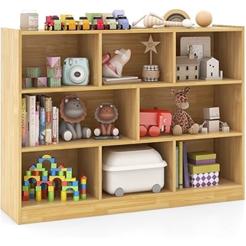 HONEY JOY Kids Toy Storage Organizer, 8-Section Storage Daycare Shelf for Preschool, Children 3-Tier Open Wooden Display Book Shelf Organizer for Classroom, Playroom & Nursery, Kindergarten(Yellow)