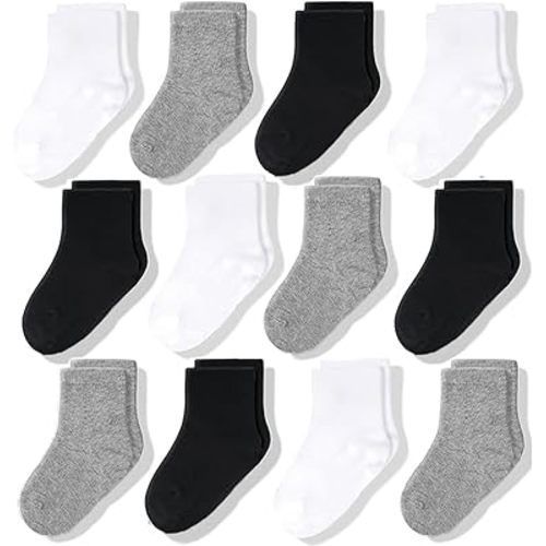 CozyWay Baby Socks Crew Comfy Cotton Socks For Girls and Boys Babies Soft & Breathable Infant - 0-6 Months Unisex Black, Gray, White - 12 Pack