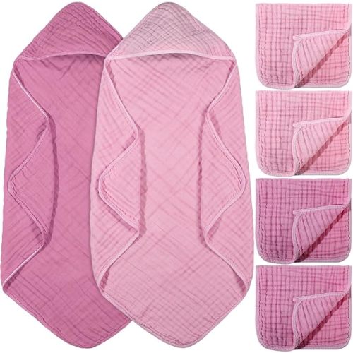 VitalCozy 6 Pcs Baby Muslin Hooded Bath Towels and Washcloths Muslin Cotton Hooded Baby Towels Absorbent Blankets for Gift Newborn Infant Shower (32 x 32 Inch,Rose Red,Pink)