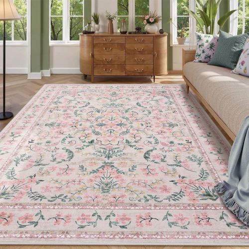 Boho Floral Washable Area Rug, Soft Low-Pile Carpet for Living Room & Bedroom, Non-Slip, Kid & Pet Friendly - 8' x 10' Pink