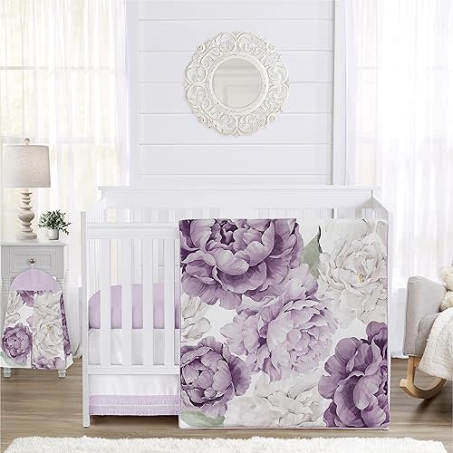 Sweet Jojo Designs Lavender Purple Boho Shabby Chic Floral Girl Baby Crib Bedding Set Infant Nursery Room Blanket Fitted Sheet Skirt Diaper Stacker 4pc Violet Ivory Bohemian Vintage Watercolor Fringe