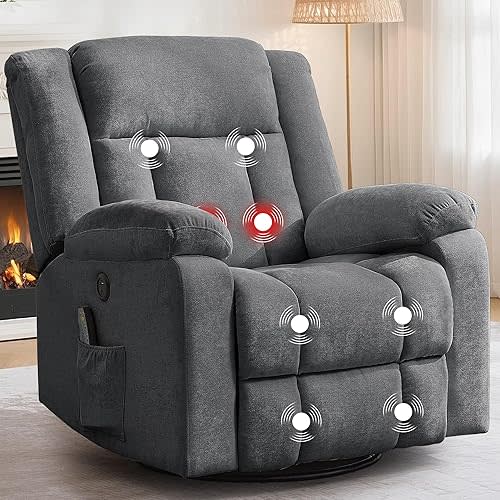 Korser Rocker Recliner, Glider Recliner Chairs for Adults, 360° Swivel Rocking Chair with Massage and Heating, Nursery Chair with Storage and USB Charging, Grey, Swivel Rocker Recliner