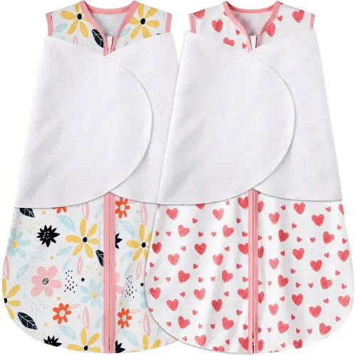 Newborn Sleep Sack Baby Swaddle,3-6 Months,3-Way Adjustable Wearable Blanket,100% Rayon Cotton Swaddling Sleeping Bag,TOG 0.5(Heart&Floral)