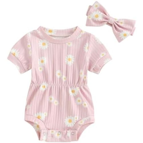 Baby Girl Outfit Knit Onesie+Bow Headband Short Sleeve Romper Newborn Coming Home Outfit Infant Summer Clothes