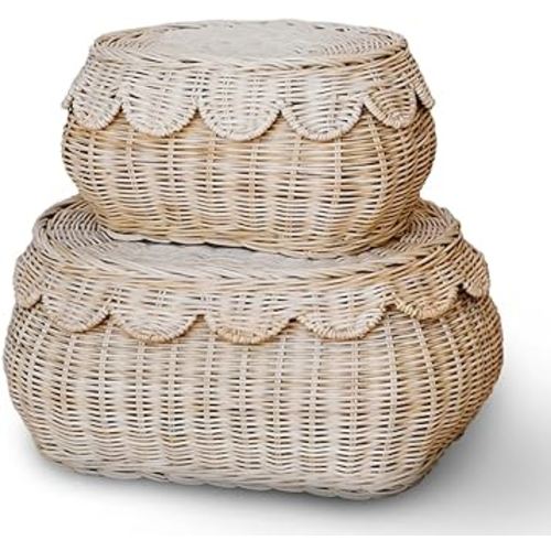 Hand Woven Rattan Basket Set - 15x10x6 Inch - Small Scalloped Baskets - Round Wicker Basket - Wicker Storage Basket - Rattan Basket With Lid