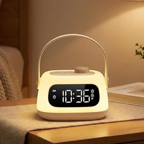 ORIA Baby Night Light with Clock, Nursery Night Lamp with Dual Alarms, Snooze, Timer, Adjustable Brightness, Portable Rechargeable Bedside Clock for Bedroom Baby Room Breastfeeding