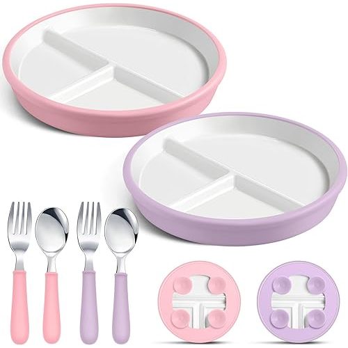 2 Pack 8" Large Porcelain Toddler Plates Feeding Set, Ceramic Kids Suction Plates with Anti Slip Silicone Sleeve for Baby 3 Spoons and Forks Divided Kids (Pink,Purple)