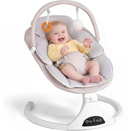 Electric Baby Swing with Remote Control,5 Speeds&Portable&Cozy(0-6M,Beige)
