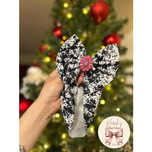 5” Bow on Headwrap w Western Concho - Cow Print
