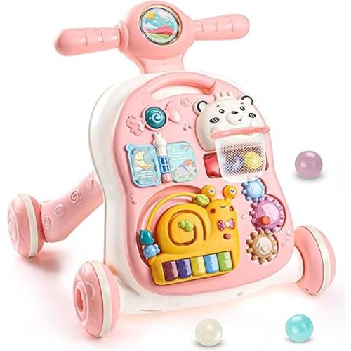 YOLAY 3 in 1 Baby Walker Push with Wheels, Sit-to-Stand Foldable Walker for Baby Boy and Girl 6-12 Months with Detachable Play Panel, Stable Handle, Early Learning Activity for Kids (Pink)