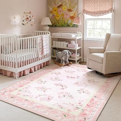 LIVEBOX 5x7 Soft Nursery Rug for Baby Girl, Light Pink Rug Non-Slip Faux Wool Rugs, Machine Washable Cute Rugs for Girls Room, Non-Shedding Floral Carpet for Bedroom Playroom