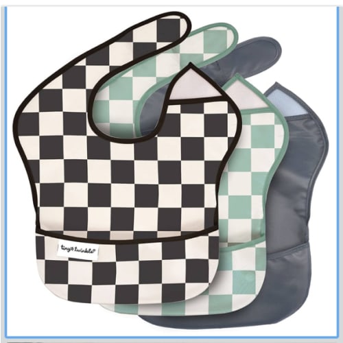 Tiny Twinkle Mess-Proof Baby Bib - Waterproof Bib for Baby Boy or Girl - Machine Washable - Adjustable Closure - PVC, BPA, & Phthalate Free - Great for Travel - Baby Food Bibs (3 Pack, Checkers Boy)