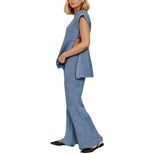 Lviefent Womens 2 Piece Outfits Sweater Set Sleeveless Side Slit Pullover Top Knit Wide Leg Pants Lounge Matching Sets