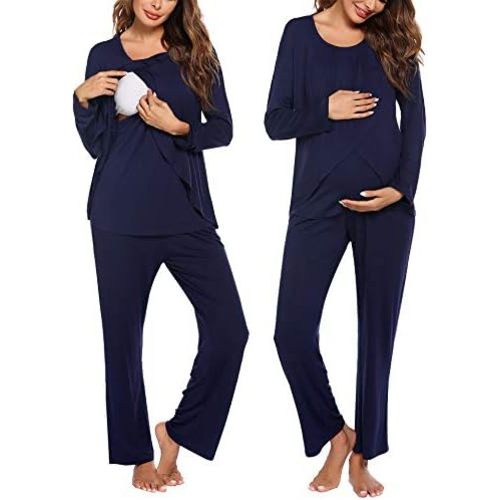 Ekouaer Maternity Nursing Pajama Set Long Sleeve Top & Pants with Pockets Breastfeeding Sleepwear Double Layer Pregnancy