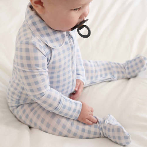 Peter Pan Collar Zipper Footie | Dusty Blue Gingham