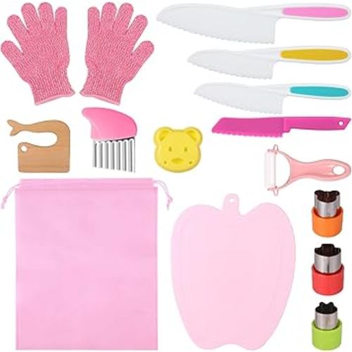 15pcs Montessori Kitchen Tools, Kids Chef Knife Set with Vegetable Cutting Board, Gloves, Fruit Peeler, Crinkle Cutter Serrated Edges Children Cooking Set Real Cooking Supplies for Toddlers