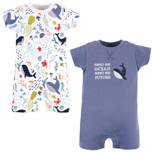 Touched by Nature Baby Organic Cotton Rompers, Ocean — buybuy BABY 03 Months