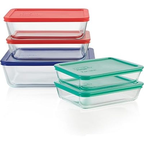 Pyrex Simply Store 5-Pack (3,6 & 11-Cup) Mixed Sized Glass Food Storage Set, Large Rectangular Containers With Lids, BPA-Free, Dishwasher & Microwave Safe