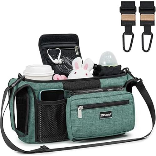 TOPDesign Universal Baby Stroller Organizer, Stroller Caddy with Heightened Insulated Cup Holders & Non-Slip Secure Hooks Accessories, Fits Most Strollers, Machine Washable (Green)