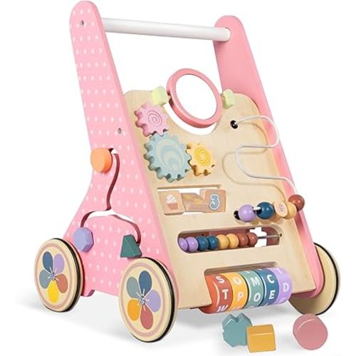 Wooden Baby Walker with Wheels, Baby Push Walkers for Girls 6-12 Months, Push Toys 1 Year Old Girl Small Size