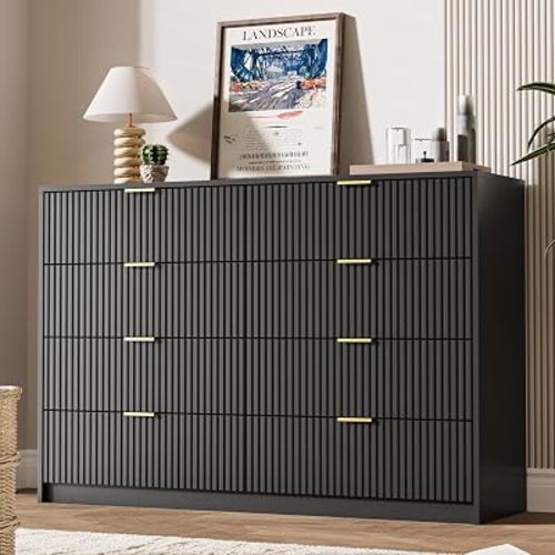 MAISONARIA Dresser for Bedroom, 8 Drawer Double Dresser, Modern Chest of Drawers for Bedroom, Living Room, Entryway and Closet, 55" L x 15.7" D x 37.4" H, Black