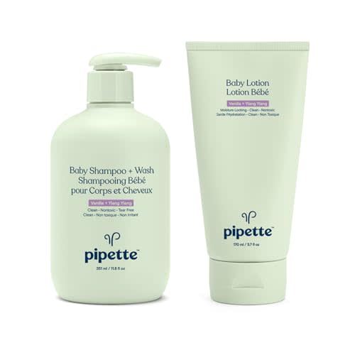Pipette Vanilla + Ylang Ylang Baby Shampoo + Wash and Baby Lotion Duo, Clean, Tear-Free Bath Time, Sulfate-Free, Paraben-Free, Silicone-Free, Sensi