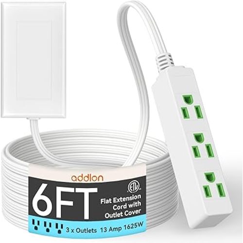 addlon Flat Plug Power Strip with Ultra-Thin Wall Plate, 6 FT Flat Extension Cord with 3 Standard 13A 1625W Outlets, Electrocution Protection, Includes 2 Sets of Fixing Clip, ETL Listed