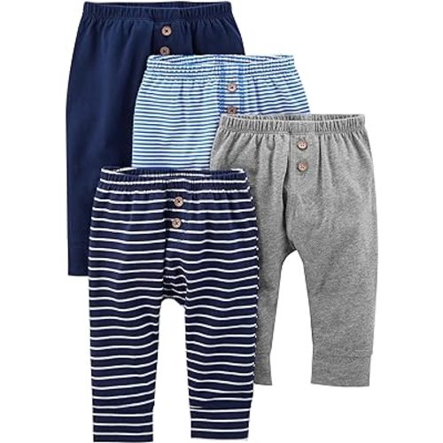 Simple Joys by Carter's Unisex Babies' Cotton Pants, Pack of 4, Blue/Grey Heather/Navy/Stripe, 0-3 Months