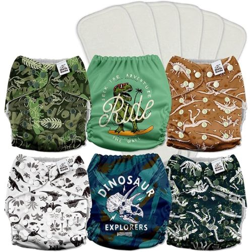 Mama Koala 3.0 Pocket Cloth Diapers for Babies with AWJ Lining, 6 Pack with 6 5-Layer Natural Cloth Diaper Inserts - Reusable and Washable Pocket Diapers(A-It's Dinosaurs)