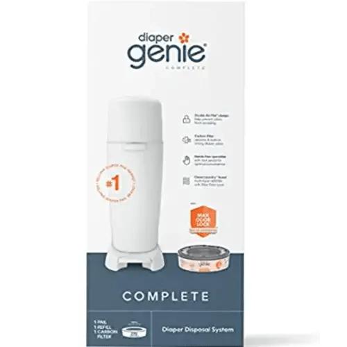 Diaper Genie Complete Diaper Pail (White) with Antimicrobial Odor Control | Includes 1 Diaper Trash Can, 1 Refill Bags, 1 Carbon Filter, Packaging may vary - Pail + 1 Refill