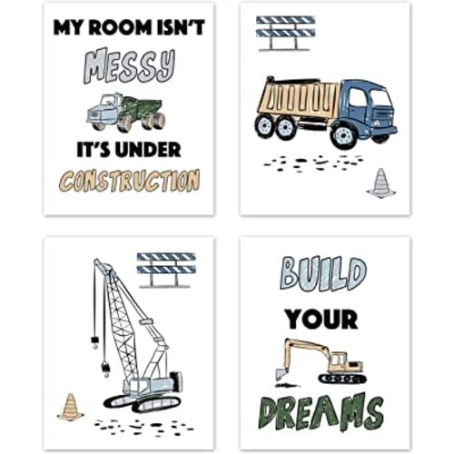 Sweet Jojo Designs Construction Truck Wall Art Prints Room Decor for Baby, Nursery, and Kids - Set of 4 - Grey Yellow Orange Black Green and Blue Transportation