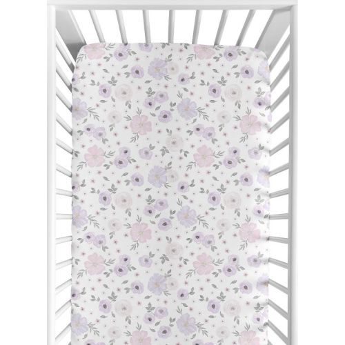 Sweet Jojo Designs Girl Jersey Knit Baby Fitted Crib Sheet Watercolor Floral Lavender Purple Pink And Grey