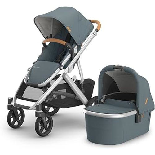 UPPAbaby Vista V3 Stroller + Bassinet V3 - Convertible Single-to-Double Stroller System- Bassinet, Toddler Seat, Bug Shield, Rain Shield Included- Callum (Stone Blue/Silver Frame/Sand Leather)