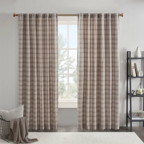Preston Plaid Rod Pocket and Back Tab Room Darkening Curtain Panel with Fleece Lining, Color: Brown, Size: 84"x50"