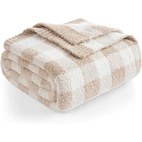 Snuggle Sac Buffalo Plaid Throw Blanket for Couch, Super Soft Cozy Warm Knit Netural Decorative Fluffy Blankets, Reversible Plaid Microfiber Throws for Sofa Bed, Plaid Beige, 50x60 Inches