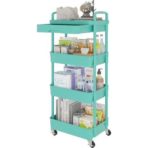 4-Tier Rolling Utility Cart with Drawer,Multifunctional Storage Organizer with Plastic Shelf & Metal Wheel,Storage Cart for Kitchen,Bathroom,Living Room,Office,Green