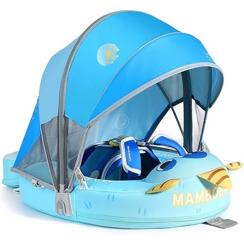 Mambobaby Float Add Tail No Flip Over Non-Inflatable Baby Swim Float Pearl Foam Solid Water Floats Smart Swim Trainer Infant Pool Float Swim Ring with Sun Canopy