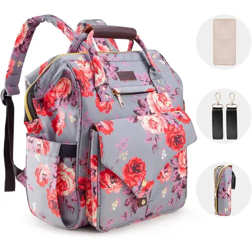 Kaome Diaper Bag Backpack, Upgraded Large Capacity Multifunction Nappy Bags, Waterproof Baby Bag Floral Insulated Sturdy Travel Maternity Back Pack for Baby Girls with Diaper Pad Bottle Bag