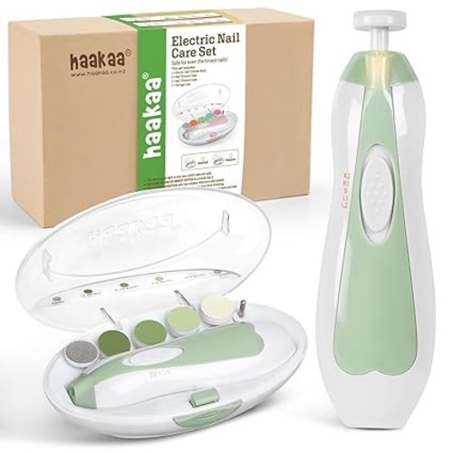 haakaa Baby Nail File Electric Baby Nail Care Set with LED Light, Baby Nail Clippers for Newborn/Infants/Adults Toenails and Fingernails, 6 Replacement Heads & Storage Case, Green - Electric Trimmer Green With 6 Pads