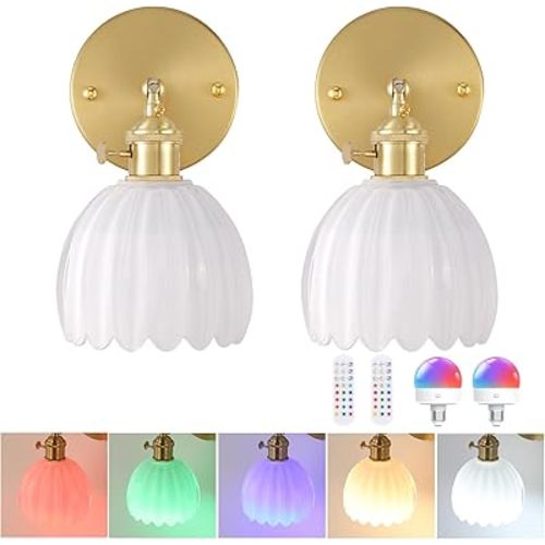 Vintage Battery Operated Wall Sconce with White Tulip Glass Lampshade Wireless Rechargeable Battery Powered Wall Light with Remote Control for Bedside Bedroom Doorway, Set of 2