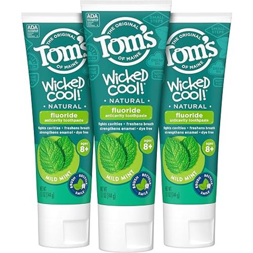 Tom's of Maine ADA Approved Wicked Cool! Fluoride Children's Toothpaste, Natural Toothpaste, Dye Free, No Artificial Preservatives, Mild Mint, 5.1 oz. 3-Pack