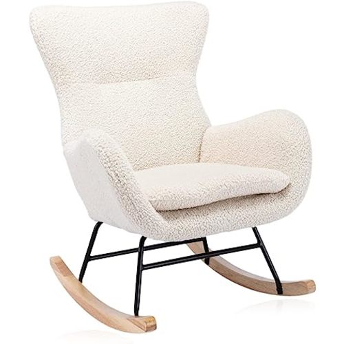 Teddy Rocking Chair Nursery, Upholstered Rocking Chairs with High Backrest and Armrests, Small Glider Chair for Nursery, Living Room, Bedroom (Beige)