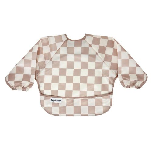 Tiny Twinkle Mess-Proof/Waterproof Long-Sleeve Baby Bib, Machine Washable Smock for Eating (Checkers Brown, Small 6-24 Months)