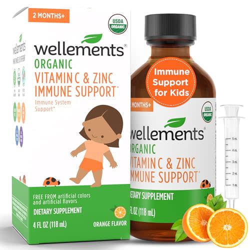 Wellements Organic Kids Immune Support* Syrup with Vitamin C & Zinc 2 Months+ (4 Fl Oz) | Immune Support* for Kids & Toddlers, Orange Flavor | Free from Dyes, Parabens & Top 9 Most Common Allergens