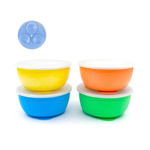 Stainless Steel Bowl with Silicone Suction Sleeve + Lids - Green/Orange