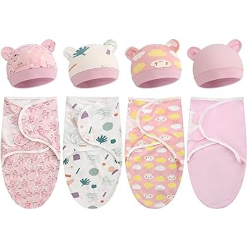 Buryeah 4 Pack Preemie Swaddle Blanket Wrap Set with Hat for Baby Boys Girls 3-7 Lbs Preemie Newborn Clothes Sleepers Cap(Groovy Style)