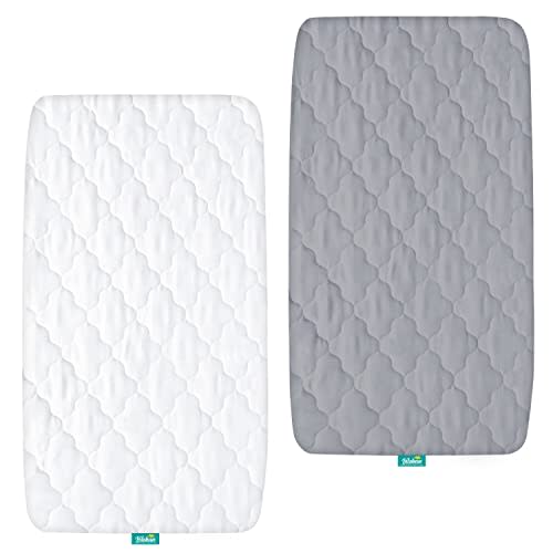 Bassinet Mattress Pad Cover Waterproof, Quilted Bassinet Mattress Protector Sheets Fits All Mainstream Bassinet - Rectangle, Oval, Hourglass, 2 Pack, Ultra Soft Breathable, Grey and White