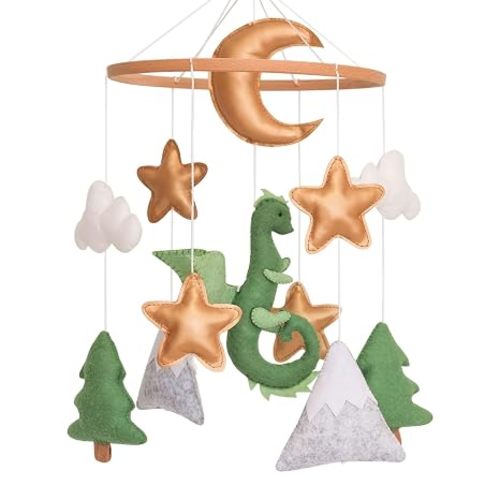 Dragon Baby Mobile, Forest Mobile for Crib, Crib Mobile for Boys and Girls, Nursery Mobile for Bassinet, Pack and Play, Moon, Green Dragon, Cloud, Star, Mountain, Tree
